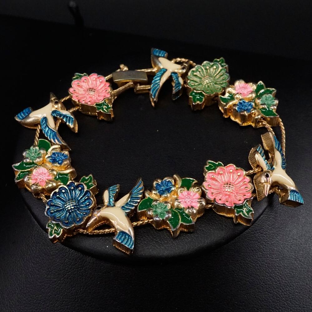 Vintage Gold Tone Enamel Hummingbird Floral Slider Bracelet Multicolor 7 Inch